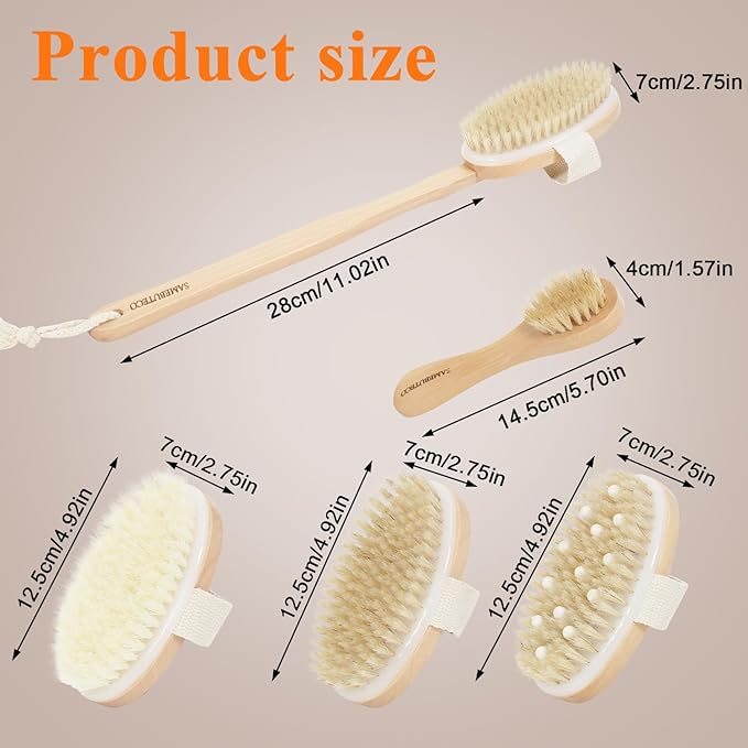 SAMEBUTECO Dry Brushing Body Brush Set with Slide-in Long Handle, 4-in-1 Wooden Bath Scrubber with Face Brush & 3 Interchangeable Heads (Boar Bristle, Soft Washer, Nodal Massager) for Exfoliating