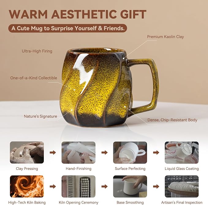 Amber Hearth Ceramic Coffee Mug - 17 oz Unique Reactive Glaze Coffee Cup with Ergonomic Large Handle, Ceramic Mug for Office Home, Birthday Gift for Men Women