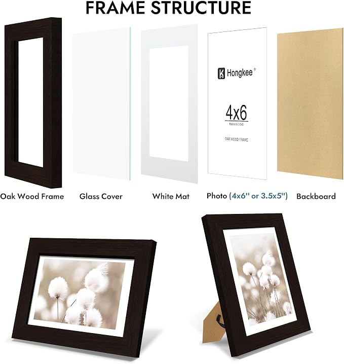 Hongkee 4x6 Oak Wood Picture Frame 1 Pack(Matted 3.5x5), Real Glass Cover | Black, 4 x 6 Solid Wood Frame for Wall or Tabletop Display - Includes Easel Back, Vertical Hang - Ideal for Home, Office