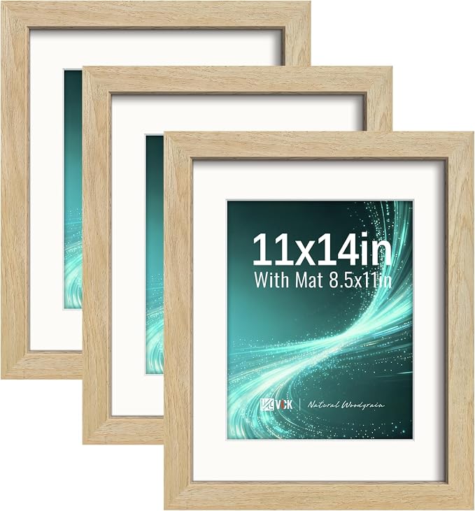 VCK 11x14 Picture Frames Natural - 3 Pack, Wide Border Solid Wood, Tempered Glass, Display 8.5x11 Photo with Mat or 11 x 14 Without, for Home, Office, Gallery, Woodgrain Series, Wall Hanging