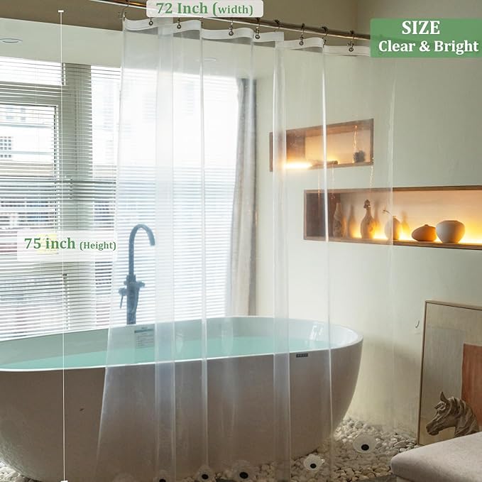 Long Shower Curtain Liner,72x75 Inch Length PEVA Clear Plastic Tall Shower Liner with 6 Magnets for Bathroom, Lightweight & Waterproof with Rustproof Grommets