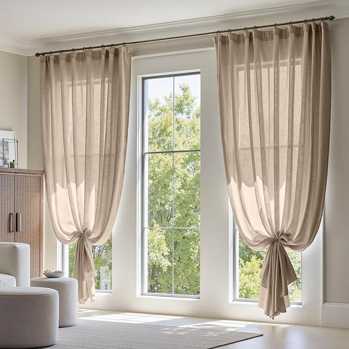 jinchan Extra Wide Sliding Door Curtain 108 Inch Length Taupe Linen Curtains Semi Sheer Drapes for Patio Door Living Room Bedroom Floor to Ceiling Light Filtering Drapes 100 Inches Wide 1 Panel