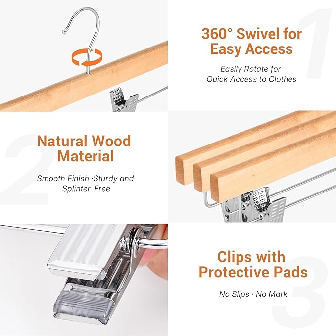 HOUSE DAY Wooden Pants Hangers with Clips, Solid Lotus Deluxe Wood Skirt Hangers, Heavy Duty & Anti-Rust Hook for Wrinkle-Free Slacks, Skirts, Jeans, Space Saving for Closet 20 Pack (Natural)