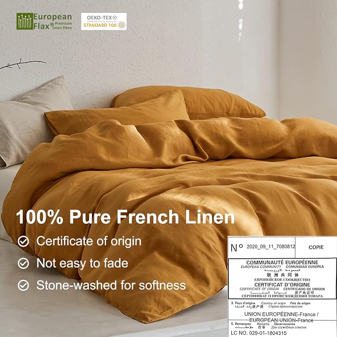 TOSMO Linen Duvet Cover Set, 100% French Flax Natural Linen Bedding 3pcs Set, Soft Breathable for Hot Sleepers 1 Duvet Cover and 2 Pillowcases (Butternut, Queen)