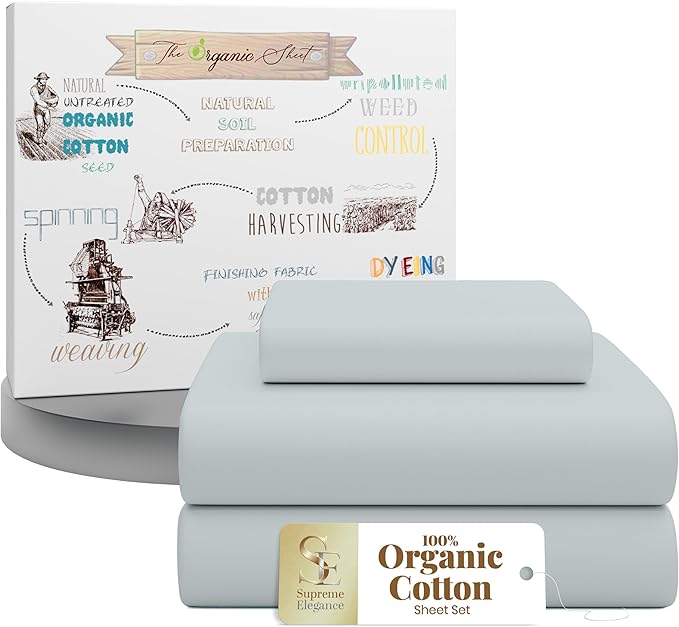 Supreme Elegance 3Pc 100% Organic Cotton Twin Bed Sheets Set - Cooling Percale for Hot Sleepers, Crisp & Breathable Sheets Set - Includes 16" Deep Pocket Fitted Sheet, Brushed for Softness - Soft Gray