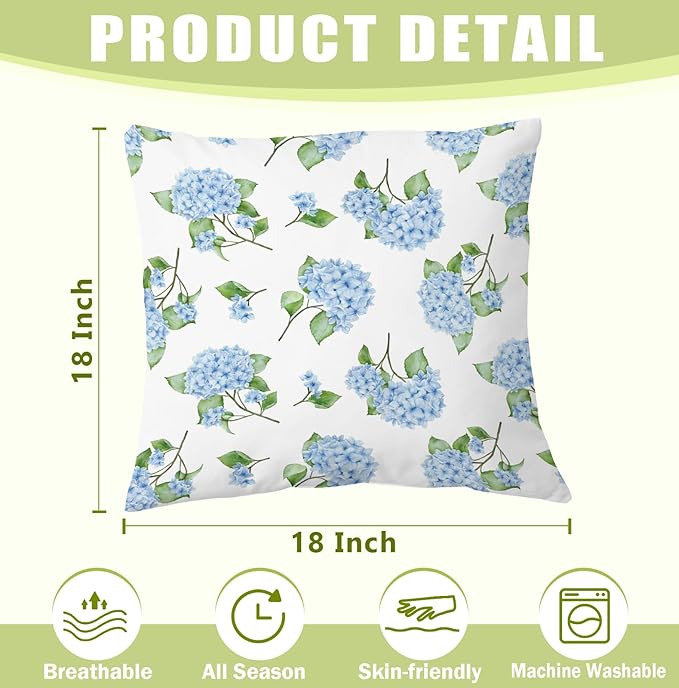 Blue Hydrangea Floral 18x18 Pillow Cover, Farmhouse Cottage Core Hydrangea Flower Botanical Decorative Throw Pillow Cover for Home Bedroom Living Room