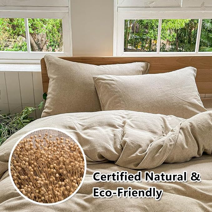 100% French Flax Linen Duvet Cover Set Queen, 3-Piece Soft Breathable Cooling Bedding for Hot Sleepers, Natural Washed Linen with Zipper Closure & 8 Corner Ties (Queen, Natural Linen)