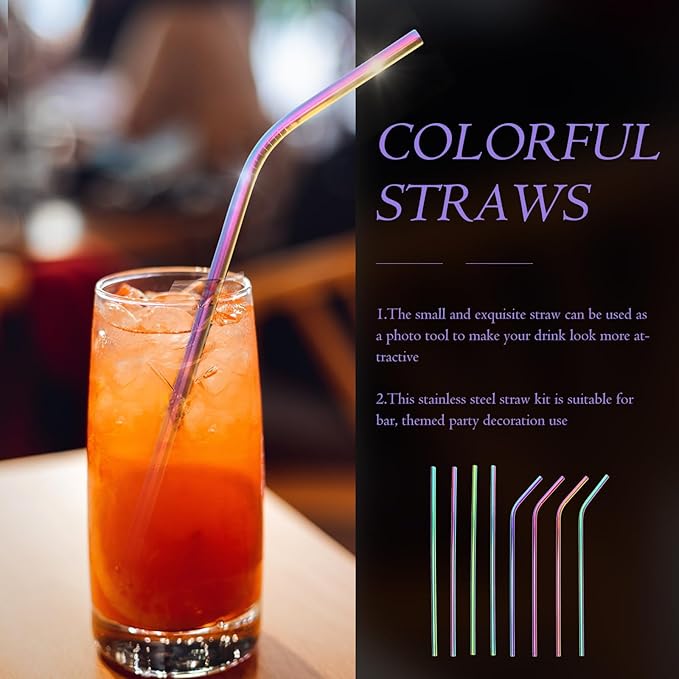 Garneck Reusable Stainless Steel Straws Set 11 Pieces 304 Food-grade Metal Milk Tea Straws with Cleaning Brushes and Portable Storage Bag for Party Supplies and Everyday Use