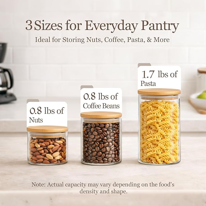 ComSaf Glass Storage Containers with Lids, Set of 6 Jars (0.6Qt/1Qt/1.5Qt) | Glass Pantry Storage Containers , Pantry Organization, BPA Free, Dry Food Storage Jar, Flour Cereal Sugar Tea Coffee Beans