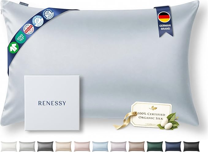 Premium Silk Pillowcase 100% Organic Mulberry Silk, 22 Momme, Grade 6A - Oeko-Tex Certified in Germany - Luxury for Hair & Skin, 1 Piece (Standard, Cloud Blue)