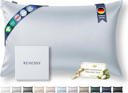 Premium Silk Pillowcase 100% Organic Mulberry Silk, 22 Momme, Grade 6A - Oeko-Tex Certified in Germany - Luxury for Hair & Skin, 1 Piece (Standard, Cloud Blue)