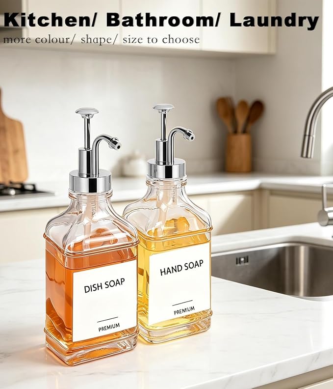 Dish Soap Dispenser for Kitchen, Hand Glass Soap Dispenser Set with Pump, Funnel for Bathroom, Shower, Laundry, Liquid, Lotion (Silver 2 Pack 18 Oz Clear Bottles with 12 Stickers)