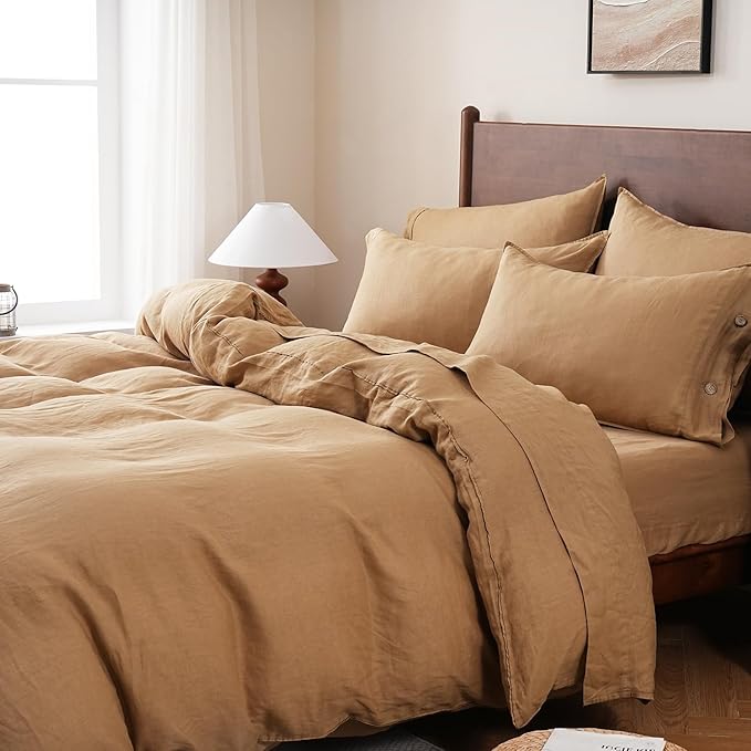 S VICTORY SYMBOL 100% Organic Linen Duvet Cover Set King Size 3pcs,Natural French Washed Flax Bedding(1 Duvet Cover 106"x92" and 2 Pillowcases) with Coconut Button Closure(Sandy Beige)