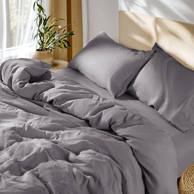 SONORO KATE 100% French Linen Duvet Cover, Soft Breathable for Hot Sleepers, Moisture Wicking & Durable Cover Set - Zipper Closure & 4 Corner Ties Duvet Covers 3 Piece (Dark Grey,Cal King)