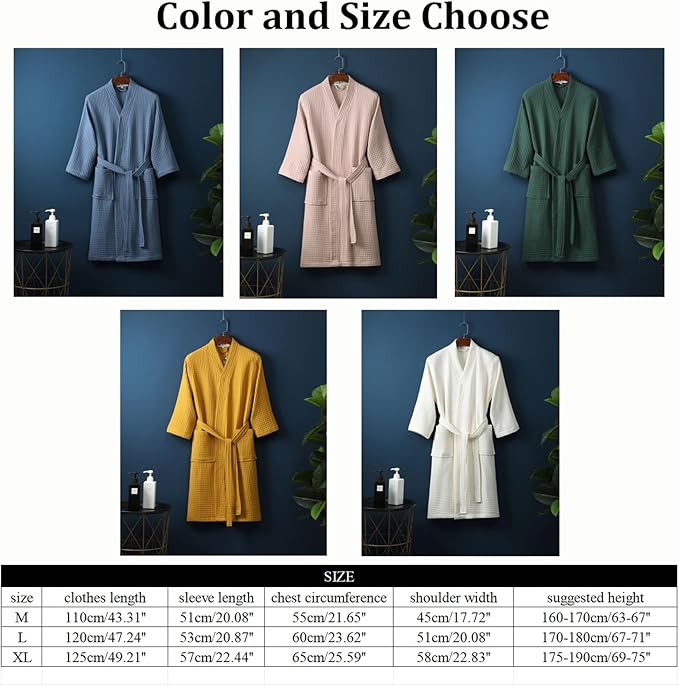 Waffle Bathrobe for Men Women, 100% Cotton Kimono Robes with Pockets & Belt, Soft Absorbent Knee-Length Robe for Bath Spa
