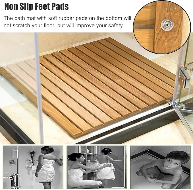 Solid Wood Shower Floor Mat - Available in 21”, 24”, 27”, 30”, 33”, 36” Sizes | Deluxe Non-Slip Bamboo Bath Mat with Center Drain Hole for Shower, Sauna, Spa, Yard(33x33in(83.3x83.3cm))