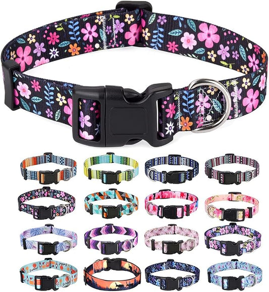 Mihqy Dog Collar with Bohemia Floral Tribal Geometric Patterns - Soft Ethnic Style Collar Adjustable for Small Medium Large Dogs(Floral,L)