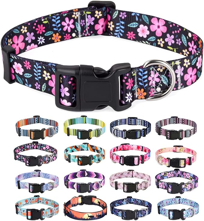 Mihqy Dog Collar with Bohemia Floral Tribal Geometric Patterns - Soft Ethnic Style Collar Adjustable for Small Medium Large Dogs(Floral,M)