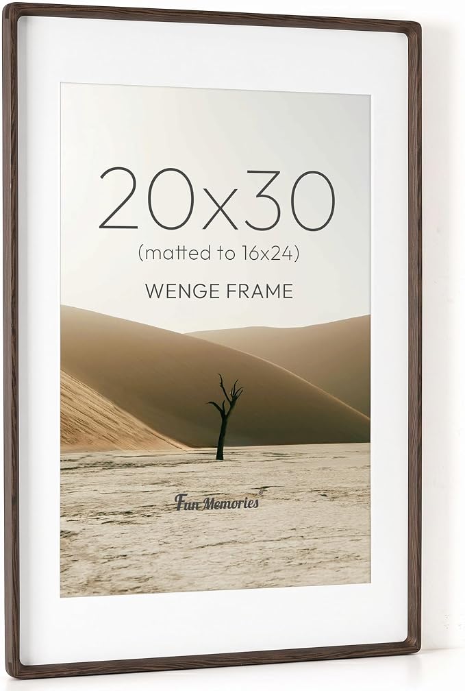 Fun Memories 20x30 Poster Frame, Natural Wenge Wood Picture Frame with HD Tempered Glass, Handcrafted Rounded Corner 20 x 30 Wooden Frames Matted to 16x24 Photos, Horizontal or Vertical Wall Display