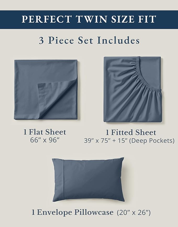 LANE LINEN 100% Organic Cotton Twin Bed Sheet Set, Luxury Hotel Style Fade Resistant Deep Pocket Machine Washable Twin Size Sheet Set, Eco Friendly Mercerized Cotton Sheets- Estate Blue