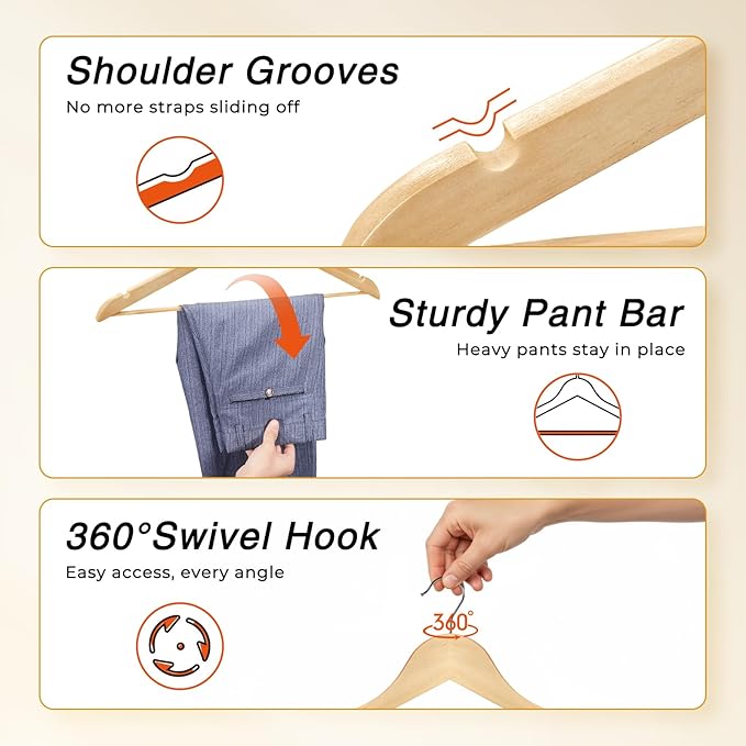 HOUSE DAY Slim Wooden Hangers 10 Pack, Solid Wood Hanger with Non Slip Shoulder Notches & Pant Bar, Smooth Finish Wood Clothes Hangers for Shirts, Suits, Jackets, Natural