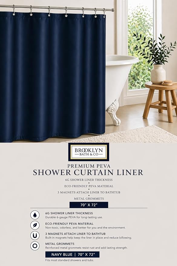Home Expressions Premium 6 Guage PEVA Shower Curtain Liner - PVC Free Magnetized Bottom Odorless with Rustproof Grommets 70"x72" (Navy)