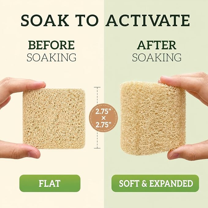 Natural Loofah Dish Sponge, 100 Count Plant-Based Kitchen Cleaning Pads, Biodegradable Compostable Scouring Pads for Dishes, Pots, Pans and Sink, 2.75 x 2.75 Inch