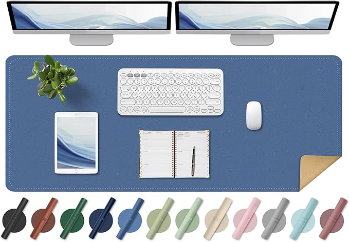 BLESWIN Large Desk Pad, 47.2'' x 23.6'', Office Desk Mat, Computer Mat for Desk, Leather Desk Pad Protector, Sewing Desk Blotter, Desktop Writing Pad for Office/Home/Decor Lake Blue