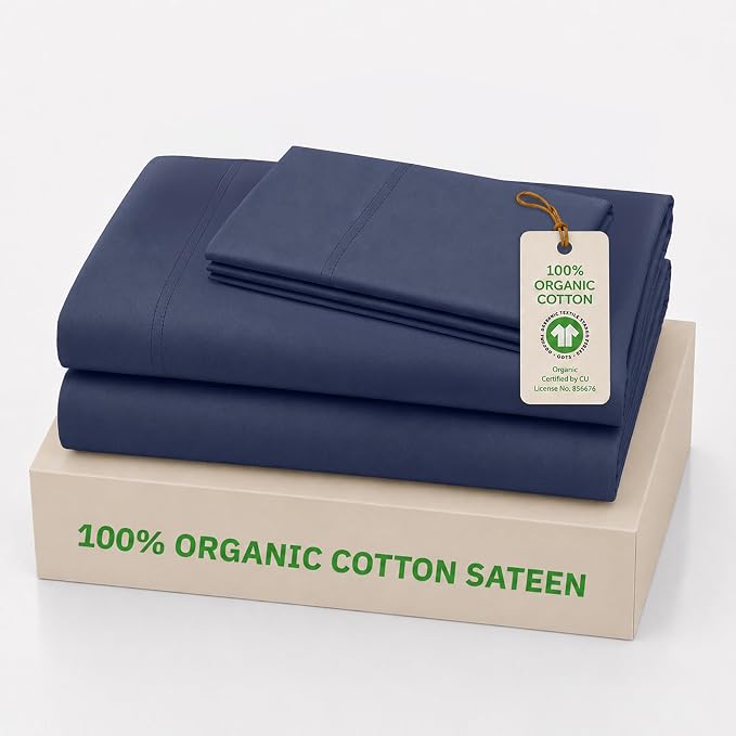 California Design Den Twin Size Sheets Set - 100% Organic Cotton Twin Sheet Set, Soft and Lightweight Sateen, Deep Pockets, Durable Bedding - Navy