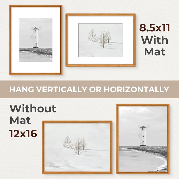 12x16 Picture Frame with Mat for 8.5x11, USA-Sourced Natural Teak Wood Handcrafted Rounded Corner with HD Tempered Glass, 12 x 16 Photo Frames Gallery Wall & Tabletop, Vertical or Horizontal Display