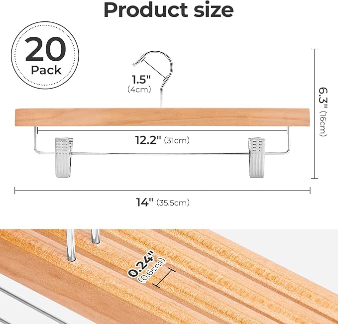 HOUSE DAY Wooden Pants Hangers with Clips, Solid Lotus Deluxe Wood Skirt Hangers, Heavy Duty & Anti-Rust Hook for Wrinkle-Free Slacks, Skirts, Jeans, Space Saving for Closet 20 Pack (Natural)