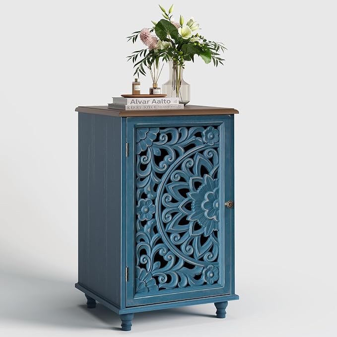 JOINICE Small Accent Cabinet with Hand-Carved Door for Living Room/Bedroom | Hand-Carved Floral Design, Farmhouse/Rustic Style, Space-Saving, Sofa Table, Solid Wood Legs, Adjustable Shelf, Easy Assembly