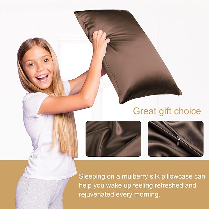 uxcell 1 Pack 100% Charmeuse Pure Silk Pillowcase for Hair and Skin, 350TC 19 Momme Soft Breathable Pillow Case with Hidden Zipper, Coffee Silk Pillowcase Travel (14x20inch)