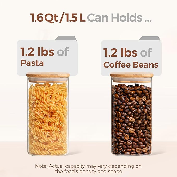 ComSaf 1.6 Qt Square Glass Jars with Bamboo Lids Set of 3, Space-Saving Glass Pantry Storage Containers, Airtight Clear Glass Storage Containers with Wide 3.9" Mouth for Coffee, Sugar, Short Pasta