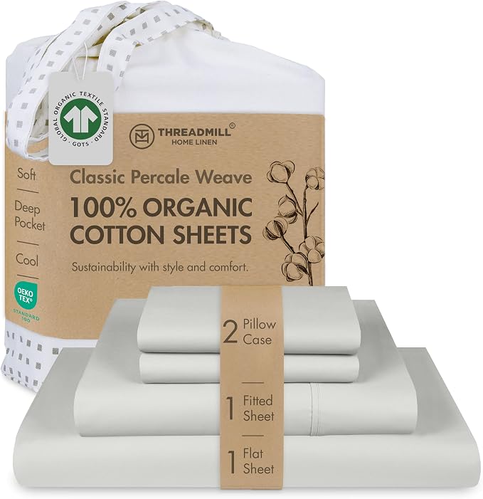 Threadmill 100% Organic Cotton Sheet Set - Full, 4 Piece, Light Grey - GOTS Certified - Lightweight and Cooling Sheets with All-Around Elastic for Fitted Sheet Upto 16" Deep Pocket