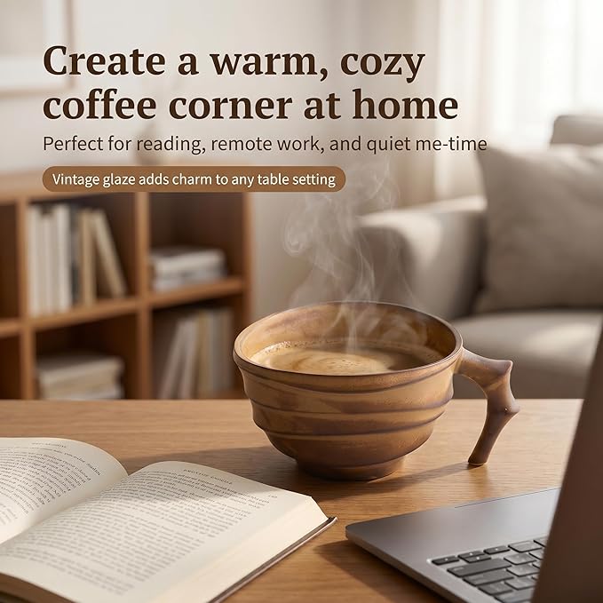 Contracted Design Stoneware Coffee Mug, Elegant Tea Cup Breakfast Cup for Office and Home,Retro Niche Cappuccino Mug for Men and Women,Dishwasher and Microwave Safe (Brown)