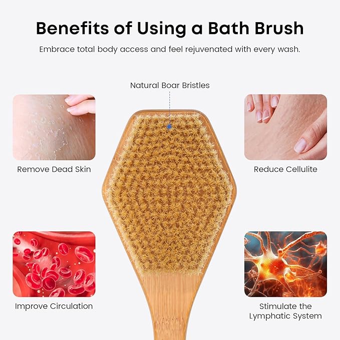 eaxun Bamboo Back Brush with Curved Long Handle, 17.5 Inches Shower Back Scrubber with Stiff Bristles for Men and Women, Exfoliating Body Washer Anti Slip Exfoliator for Bath or Dry Brushing