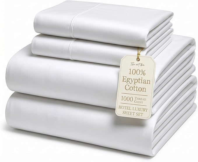THE ART BOX Certified 100% Egyptian Cotton Sheets, King Size Sheet, 1000 Thread Count Hotel Quality Sateen Weave, 4 Pc Luxury Bed Sheet Set, White Sheets with Elasticized Deep Pocket