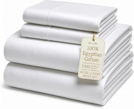 THE ART BOX Certified 100% Egyptian Cotton Sheets, Full Size Sheet, 1000 Thread Count Hotel Quality Sateen Weave, 4 Pc Luxury Bed Sheet Set, White Sheets with Elasticized Deep Pocket