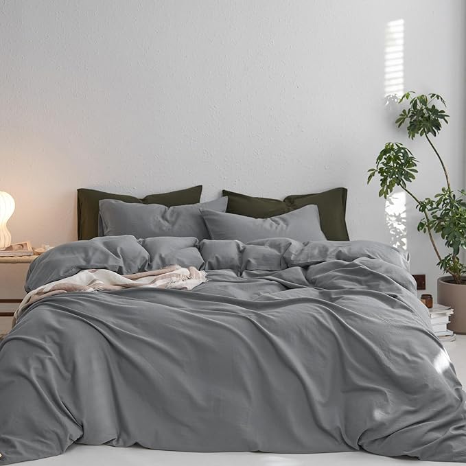 MooMee King Duvet Cover Set, 100% Washed Cotton Linen Like Twill Thick Sturdy Material Super Soft Breathable Durable Bedding for All Season, 3 Pieces (Polar Grey, King 104"x90")