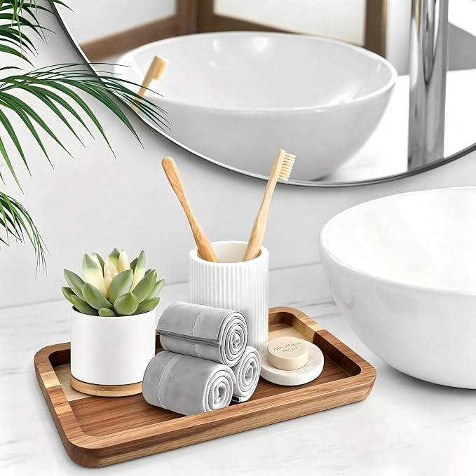 Vanity Bathroom Tray for Counter, Wood Tray for Bathroom, Toilet Tank, Perfume 11.8L x 5.9W x 0.8H inch (Acacia)