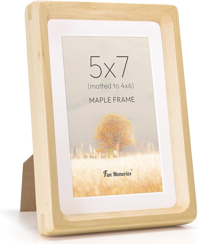 Fun Memories 5x7 Picture Frame, USA-Sourced Maple Wood Photo Frames with HD Tempered Glass, Handcrafted Rounded Corner 5 x 7 Wooden Frames Matted to 4x6 Photos, 5x7 Frame, Tabletop or Wall Display
