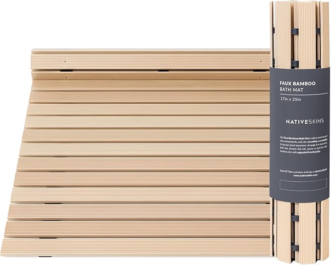NativeSkins Faux Bamboo Shower Mat (Beige), Non-Slip Safety Lining, Waterproof, Quick-Drying, Eco-Style Slatted Bath Mat for Spa, Sauna - Large 16.9 x 30.7 in