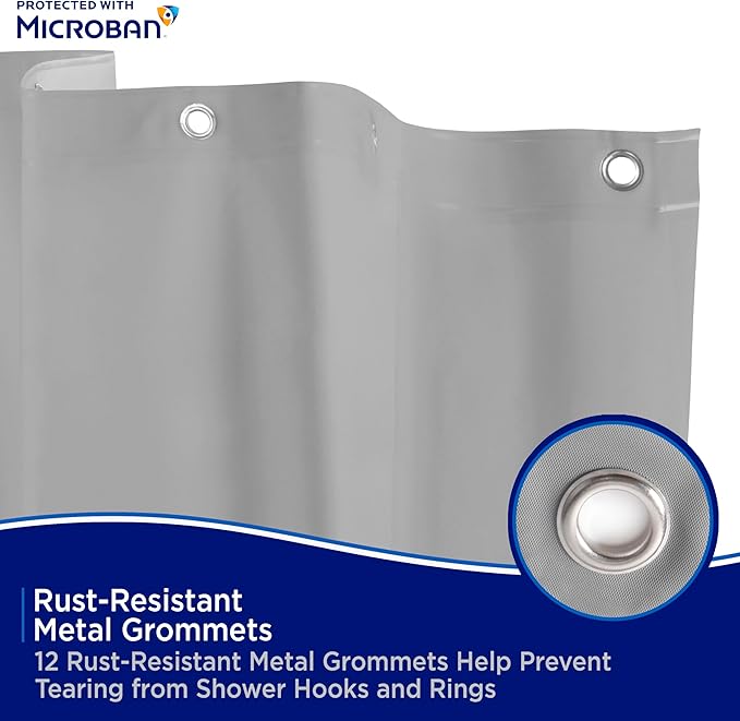 Kenney - Microban PEVA Shower Curtain Liner, Waterproof Medium-Weight 4.8 Gauge Design with Rust-Resistant Metal Grommets and Weighted Magnetic Hem, 70" x 72", Gray