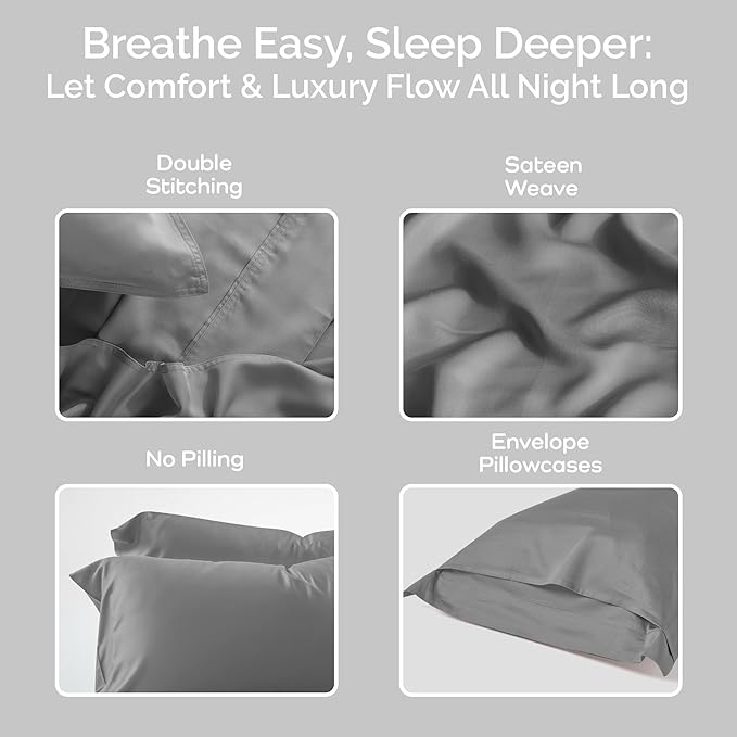 Pillow Cases Queen Size Set of 2 Pillowcases 100% Viscose Derived from Bamboo Cooling Pillowcases, Soft & Breathable Pillow Case with Envelope Closure, Gray Pillow Cases (Steel)
