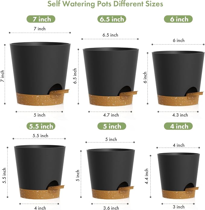 WSMKSZ 7/6.5/6/5.5/5/4 inch Self Watering Pots for Indoor Outdoor Plants, 6 Pack Plastic Flower Planters with Drainage Holes and Removable Saucers, Plant Pots with Wicking Rope, Black Brown