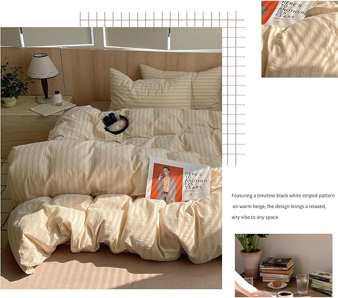 mixinni Retro Striped Duvet Cover Set Twin XL Size - 100% Washed Cotton Beige Duvet Cover with Black White Stripes, Soft Breathable 3 Piece Comforter Cover with Zipper Closure & Corner Ties