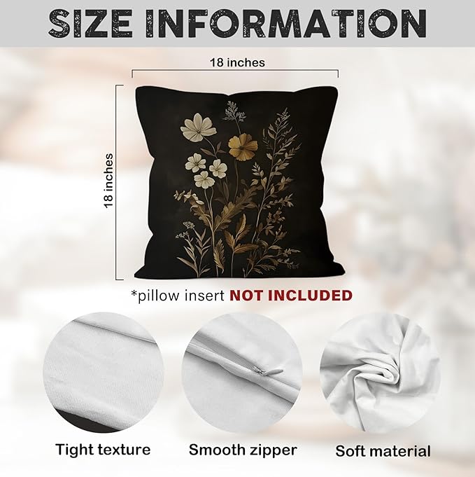 Dark Academia Cottagecore Botanical Throw Pillow Covers 18x18 Set of 4, Vintage Fall Moody Floral Wildflower Decor Pillow Cases for Bedroom Living Room, Rustic Farmhouse Pillowcases for Couch