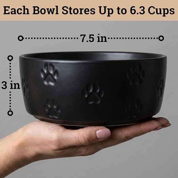 Ceramic Dog Bowl Set of 2 with Anti-Skid Base - 7.5" Wide x 3" Tall Ceramic Dog Bowls for Large Dogs - 6 Cup Capacity Food and Water Bowls for Dogs - Rubber Bottom Pet Bowl Set of 2 for Large Pets