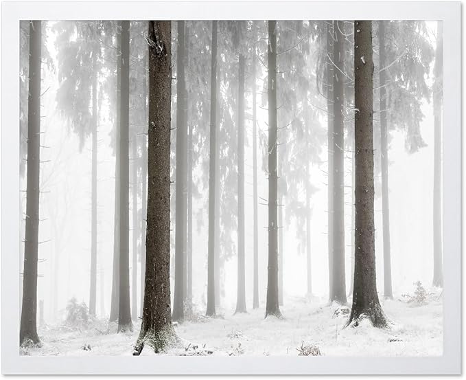 Monem Art Foggy Winter Forest Photography Print - Minimalist Snowy Landscape Poster - Wall Decor for Living Room, Bedroom or Office - 8x10 White Framed Wall Art by Mareike Bohmer